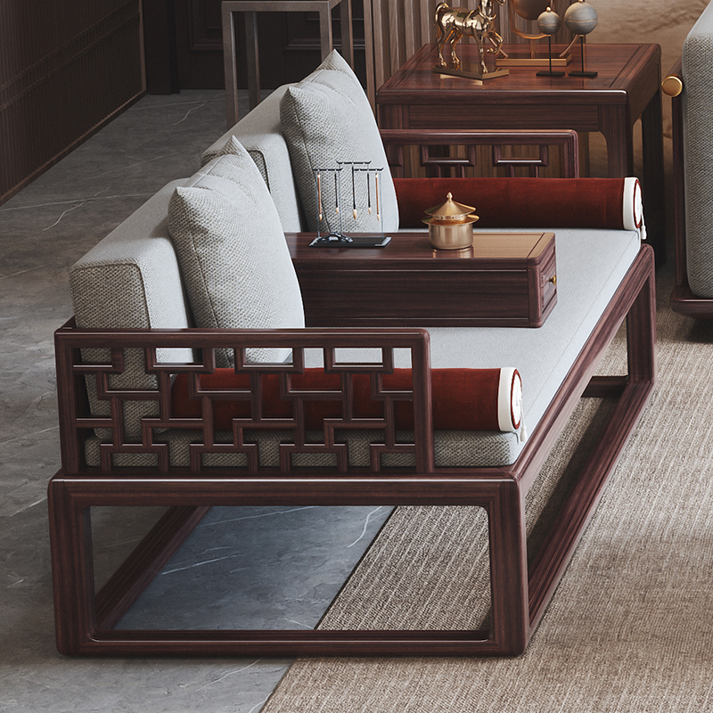 厂家直销家用办公室新中式乌金木沙发床禅意客厅两用软包沙发床