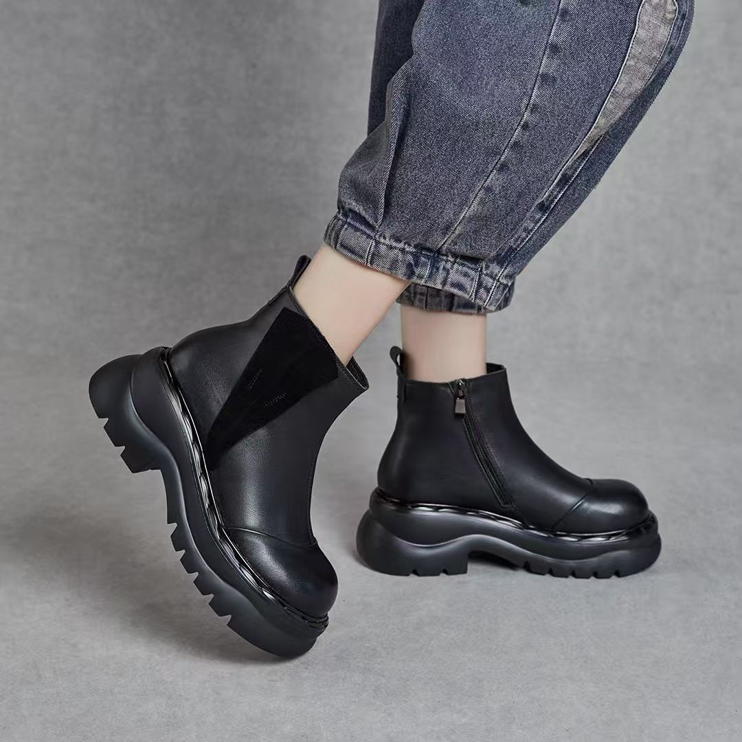 厚底英伦风秋冬牛皮女靴秋冬圆头加绒短靴侧拉链