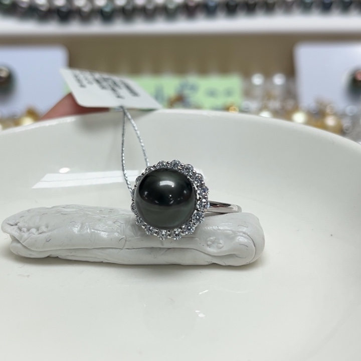银S925镶嵌戒指海水珍珠毛**雨大溪地10-11m