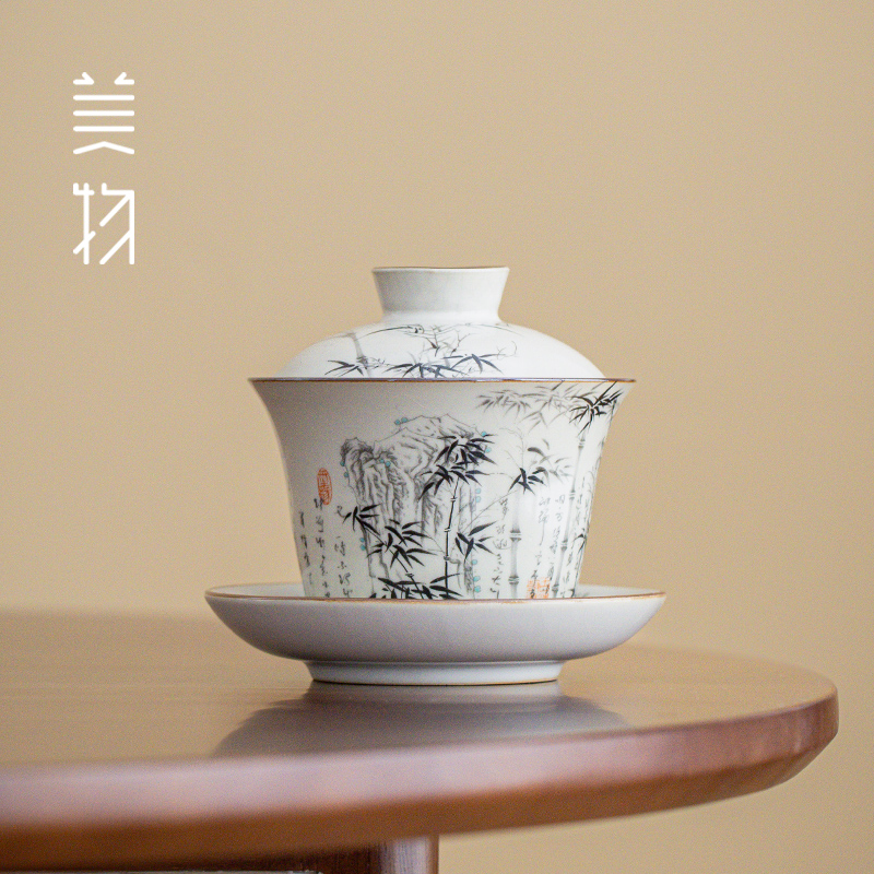 墨竹三才盖碗汝窑茶杯单个高档家用茶具防烫代盖定制功夫泡茶碗