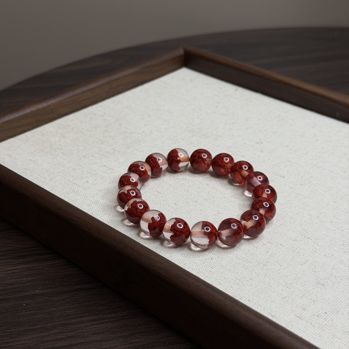 梨缘记 天然辰砂含辰砂工艺品【半壁江山】聚宝盆朱砂手串12mmL1394