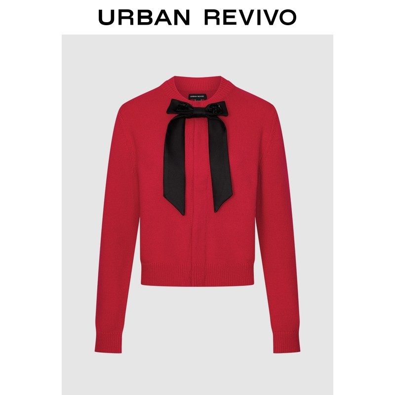 UR2026春季新款女装休闲蝴蝶结圆领短款针织开衫UWH960008