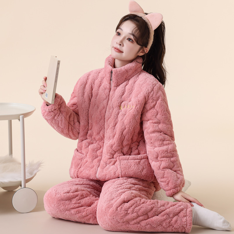 冬季保暖女士家居服套装暖暖绒立领宽松三层加厚睡衣棉服女款女装