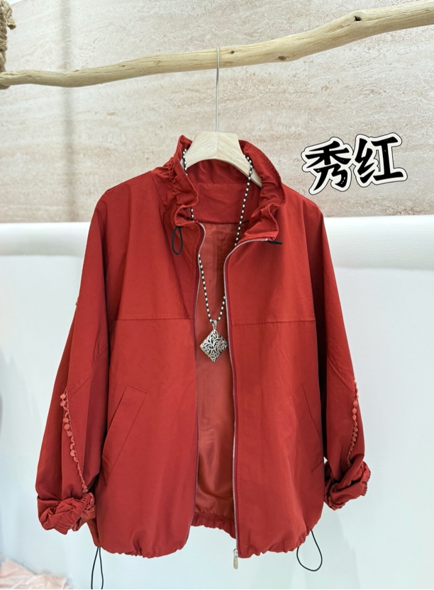 中秋佳节秋装厚款立领长袖女纯色短外套风衣上衣休闲咖色简约