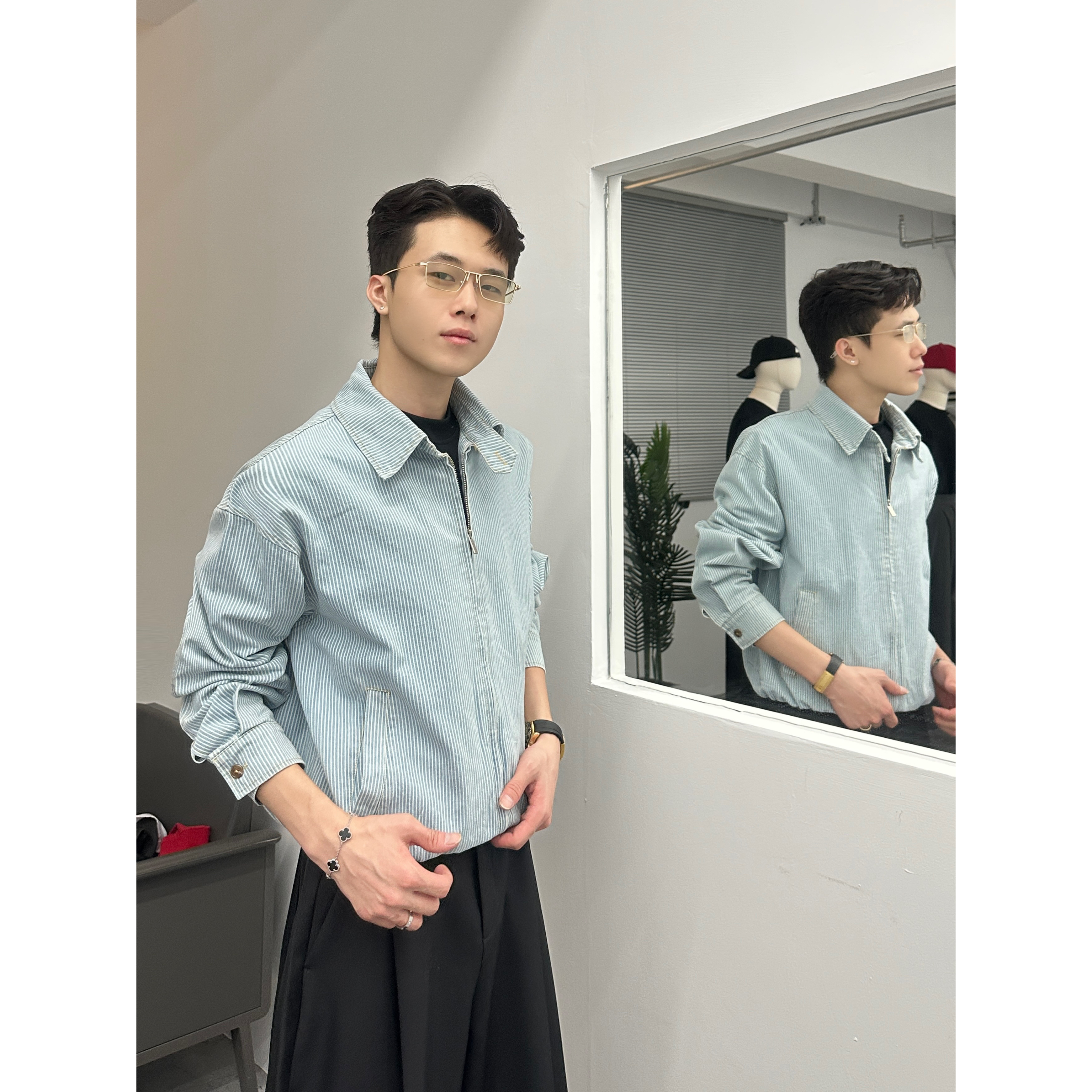 秋防风百搭翻领外套秋季男装韩版春季夹克帅气长袖条纹HJ5817