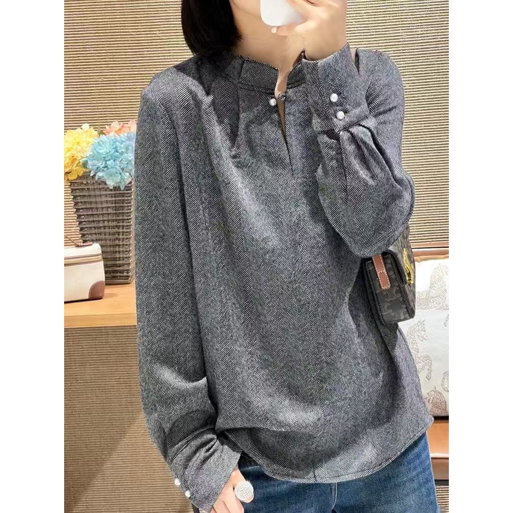 羊毛人字纹荷叶领长袖衬衫立领松身上衣女秋冬新