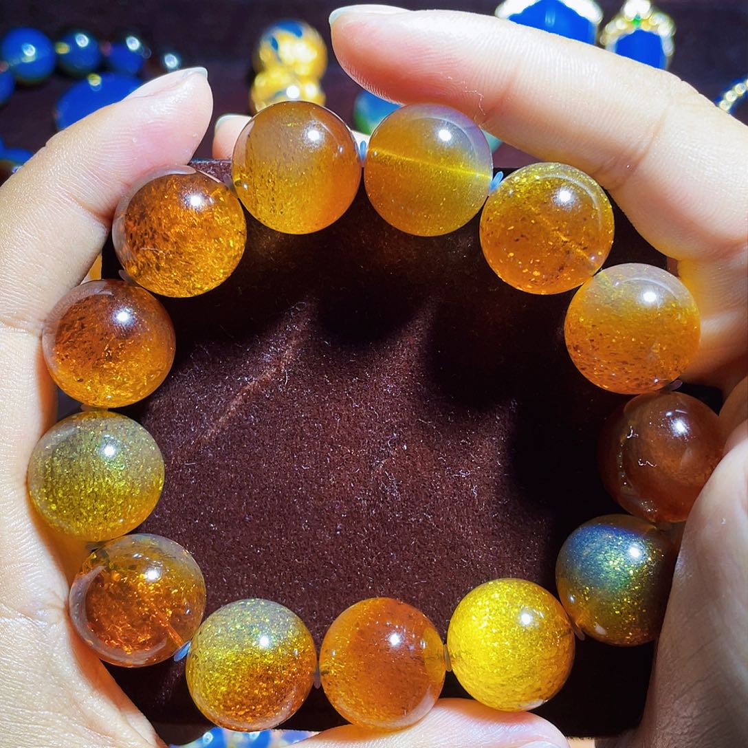 琥珀裸石未镶嵌红蓝金沙17猫眼手串