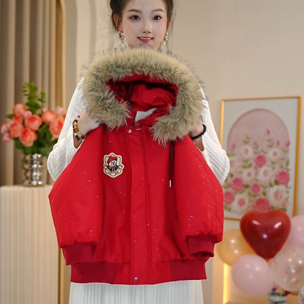【佳琪妈】极寒系列女童红色小熊一件过冬连帽派克棉服外套-7180#