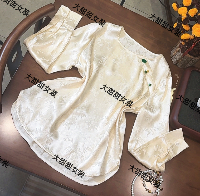 DT25新款秋季国风时尚高级设计感女装缎面素雅提花女上衣6501