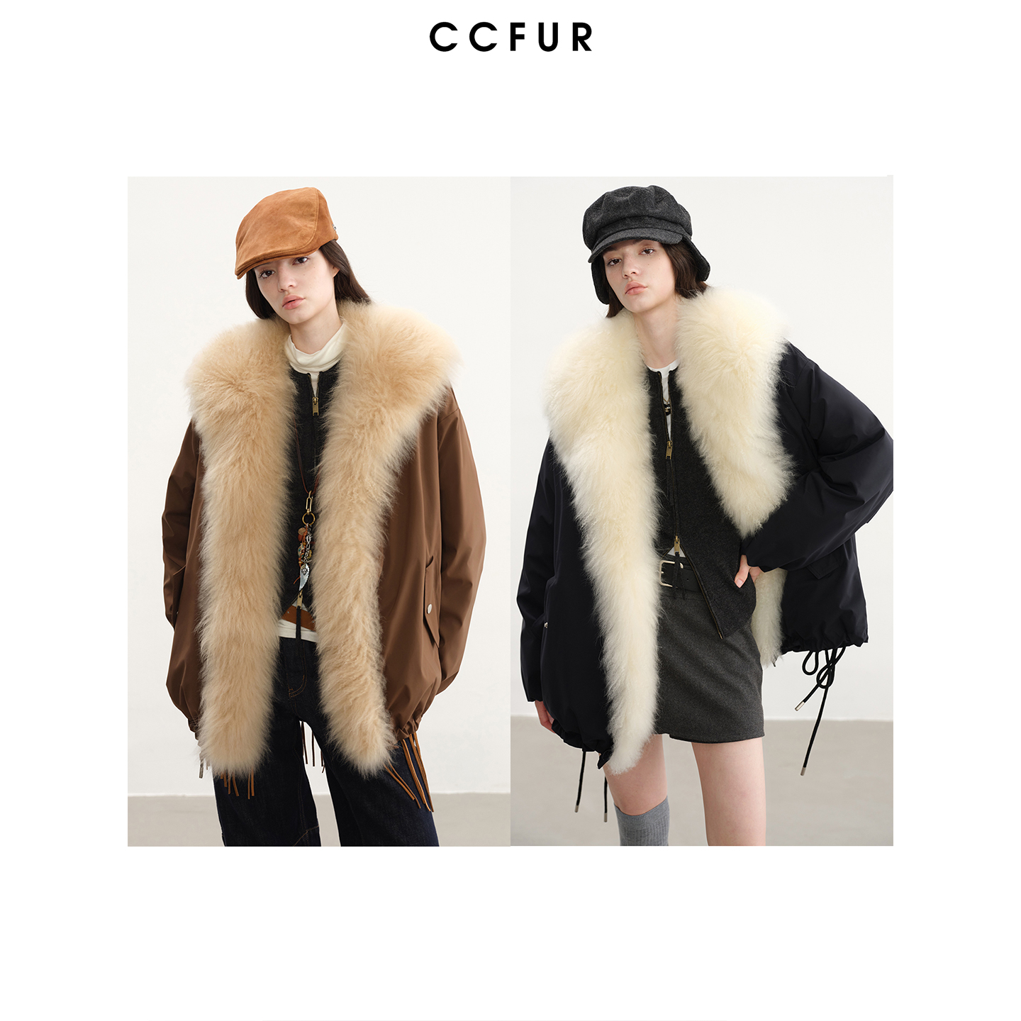 CC皮草 山羊绒毛领可脱卸90白鹅绒羽绒派克皮草外套 都市派克