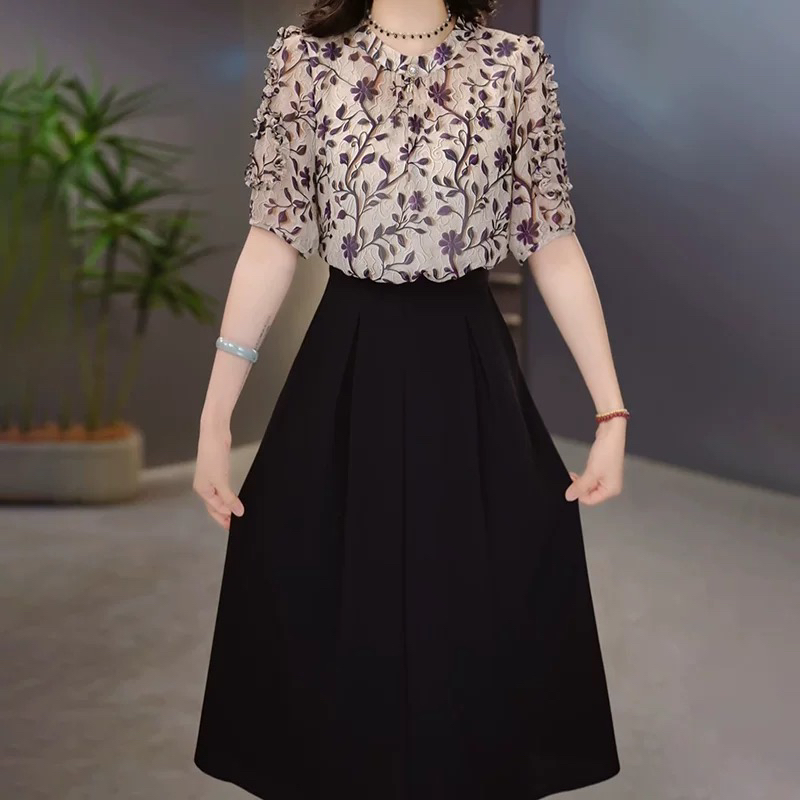 A0599端庄大气碎花连衣裙 适合妈妈的夏季时尚之选