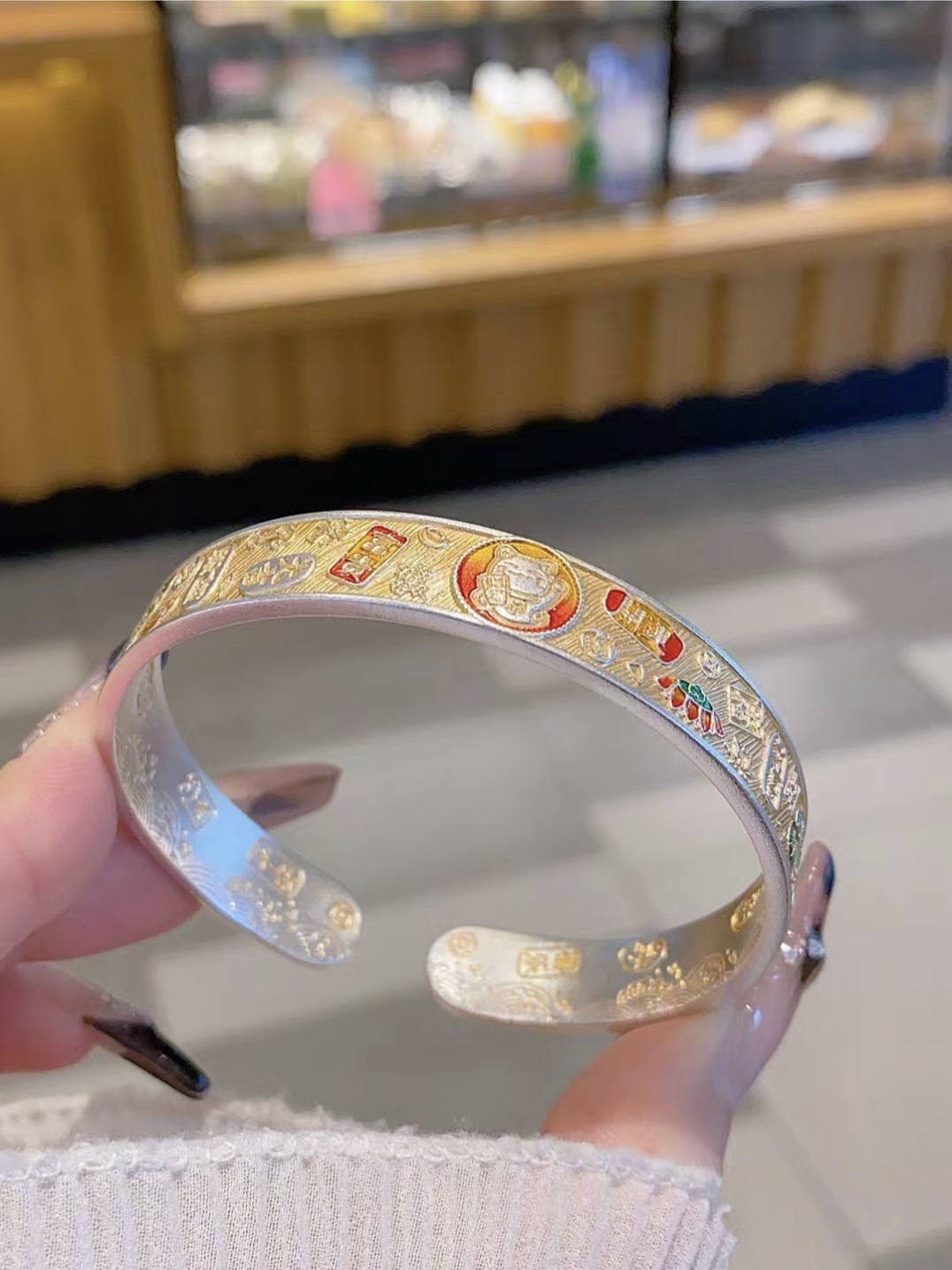 足银手镯 招财猫吉言开口手镯彩色可调节实心描金工艺正品新款