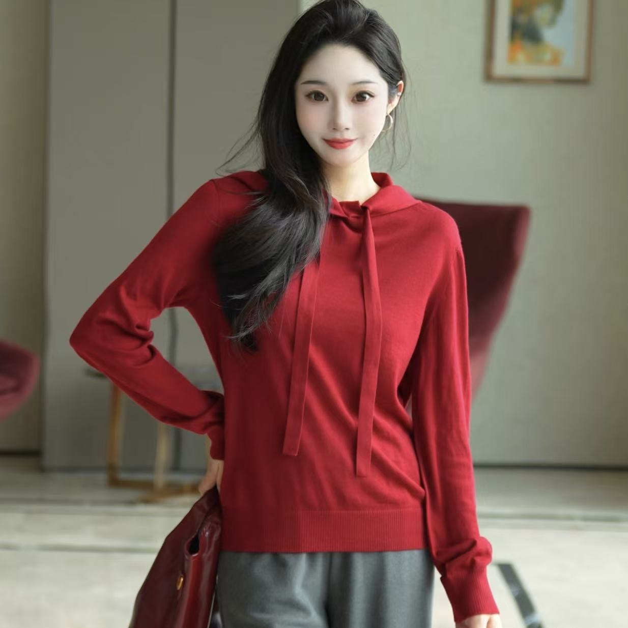 GIRDEAR/哥弟秋季新款时尚百搭纯色系带长袖针织帽衫女1399450