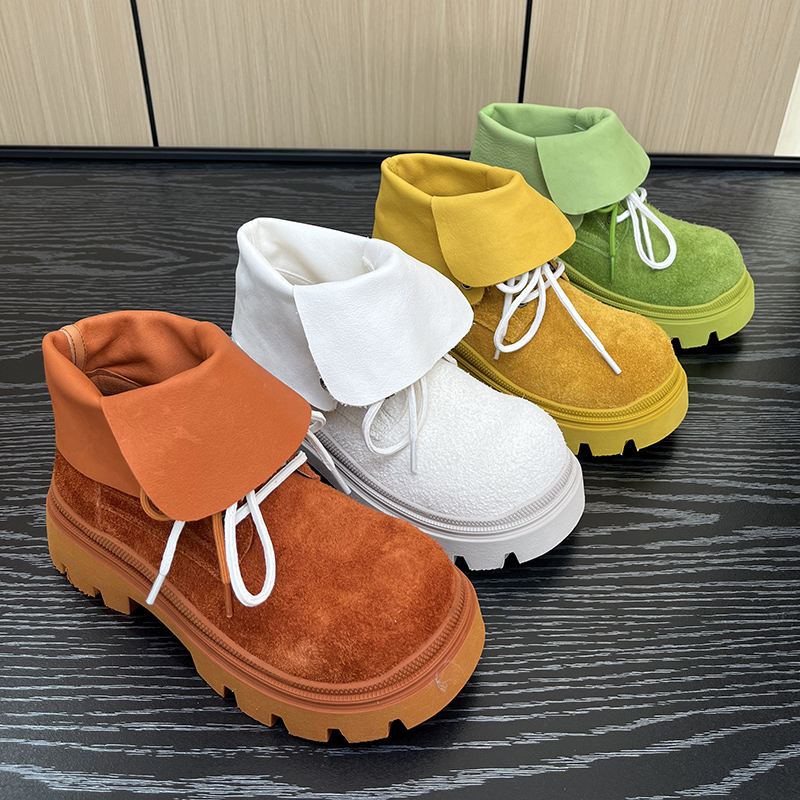 欧货头层牛皮厚底马丁靴女2025新款潮英伦风复古短靴糖果色大黄靴