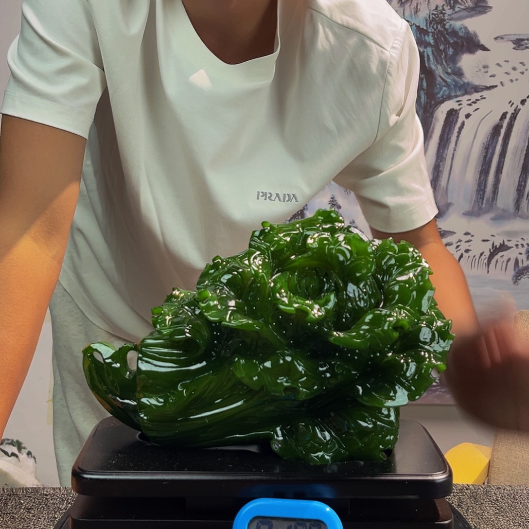 毛***粉玉玉摆件绿色带底座