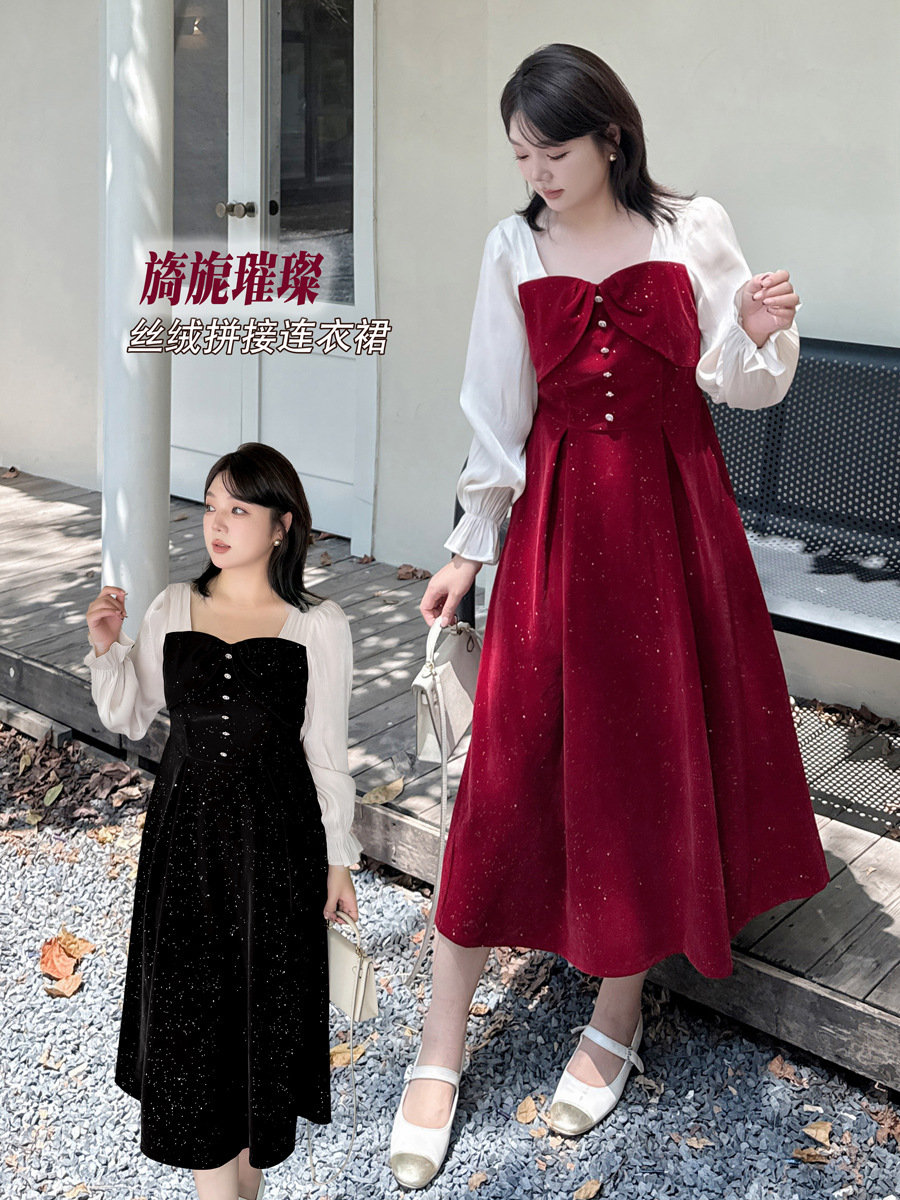 YH-3160大码连衣裙新年氛围感红色法式方领大码敬酒订婚礼服