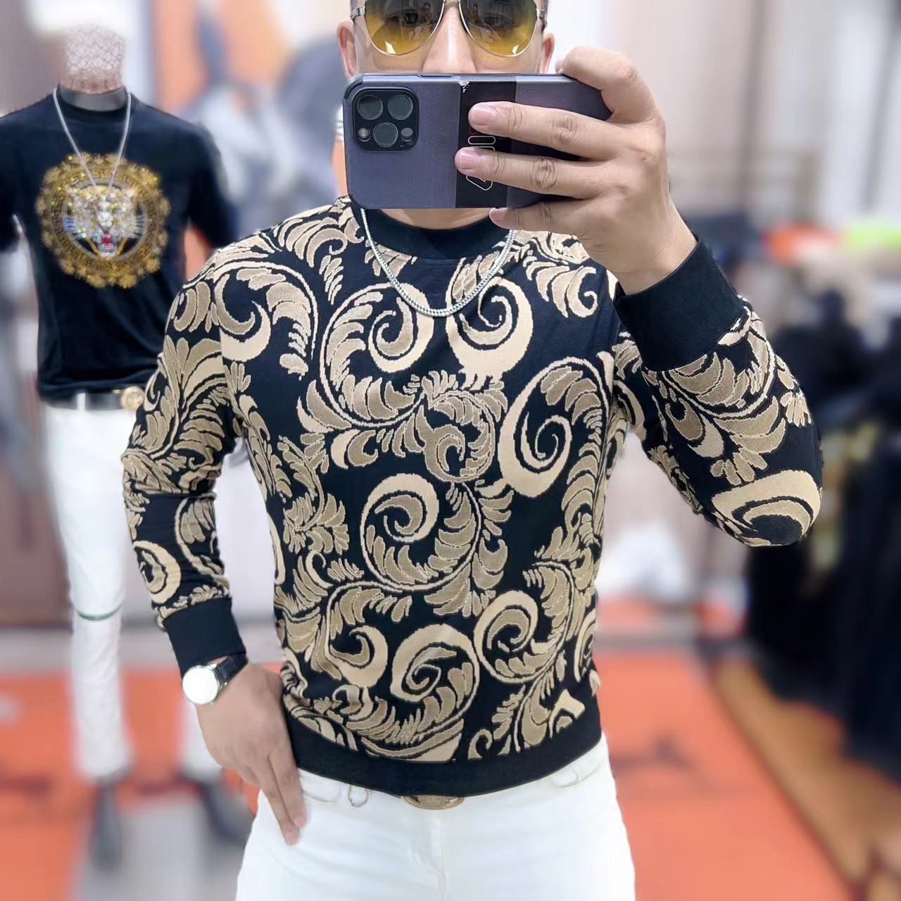 力龍潮牌男士秋季新款高品质重工时尚提花花形修身弹力上衣