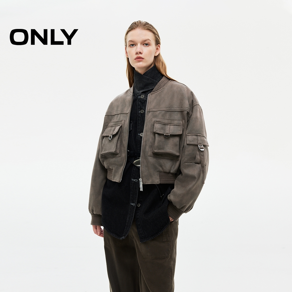 ONLY2025秋冬新款工装风螺纹领口设计短款开衫外套女|125336013