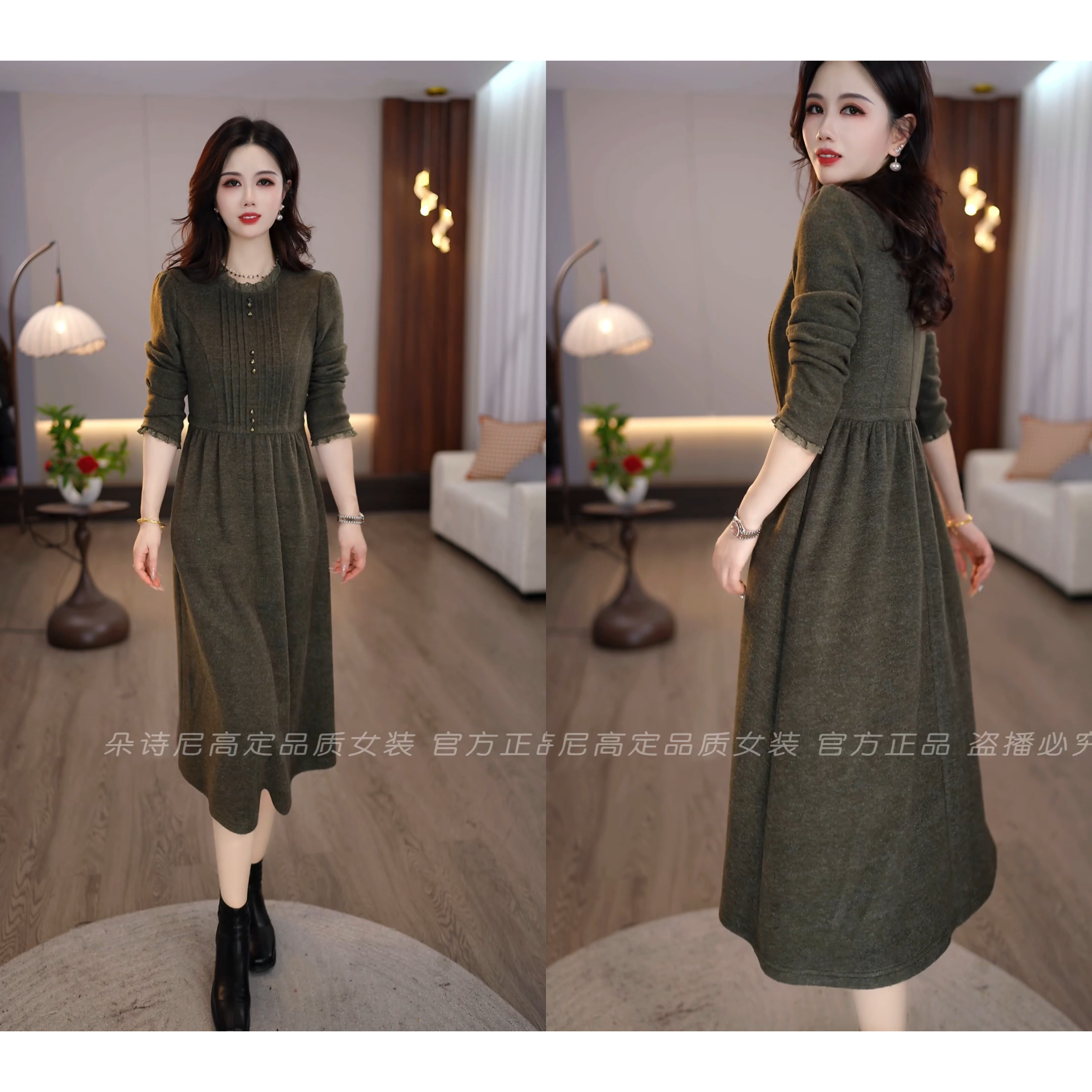 现货2025冬款橄榄绿时尚简约精致宽松温柔优雅显瘦连衣裙M-4XL