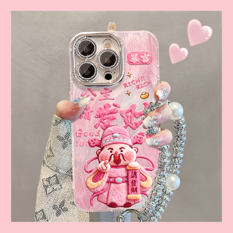 粉财神爷适用于苹果17华为VIVO/OPPO小米iPhone16PRO羽纱纹手机壳