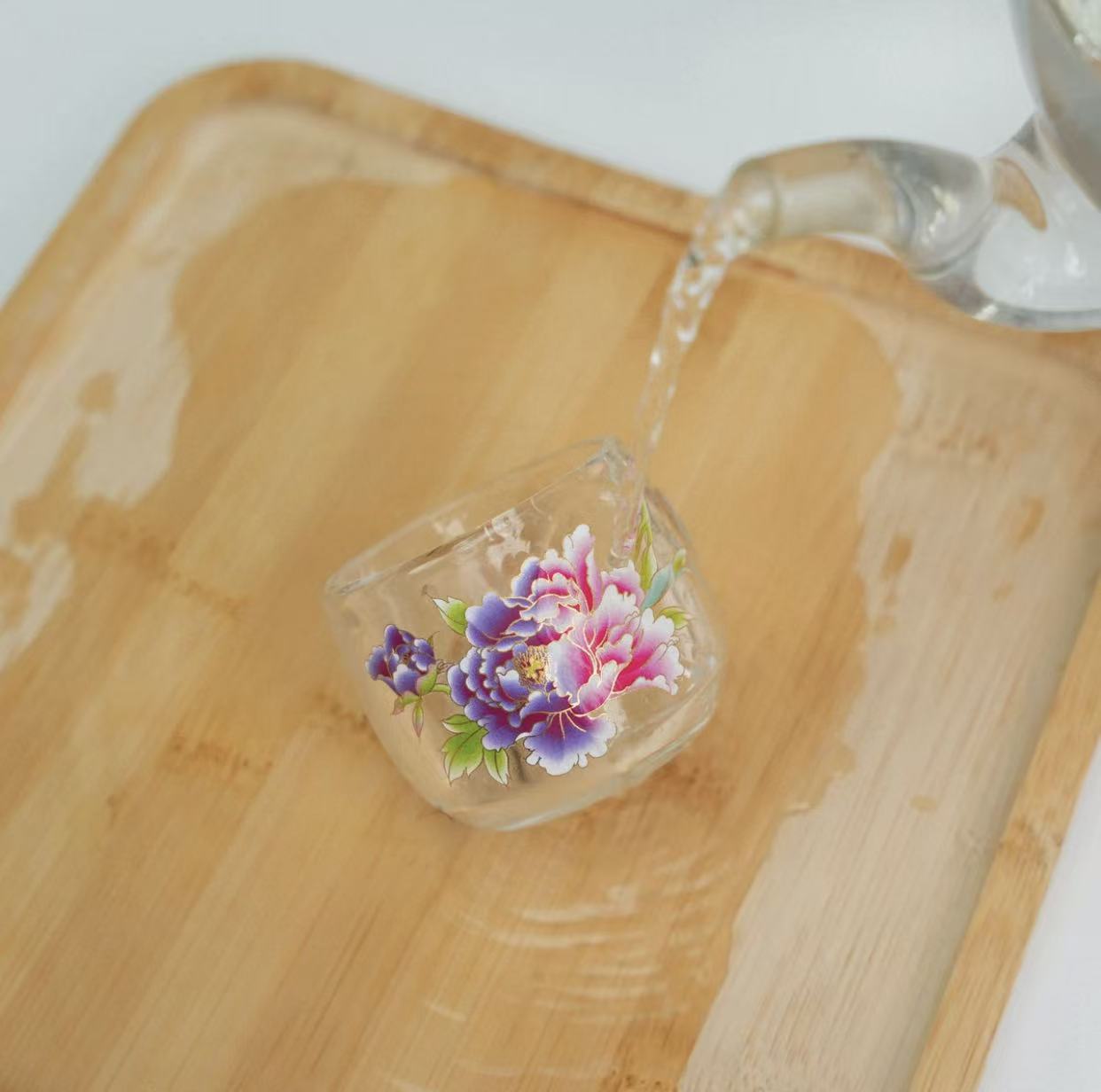 国色天香牡丹变色玻璃主人杯精致茶杯 