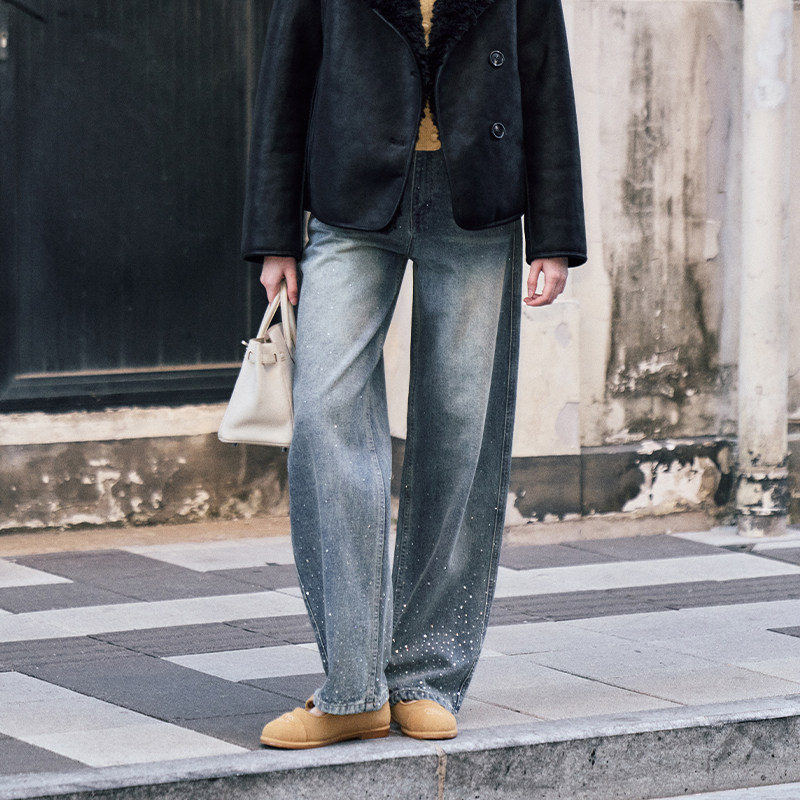 【Marc Moore】新品25秋冬烫钻水洗渐变弯刀牛仔裤女