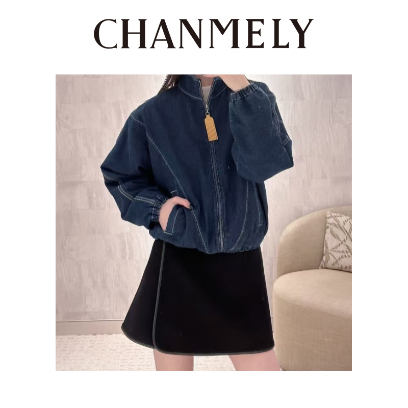 【CHANMITY】25/FW丹宁牛仔明线交织复古时髦立领牛仔外套0251079