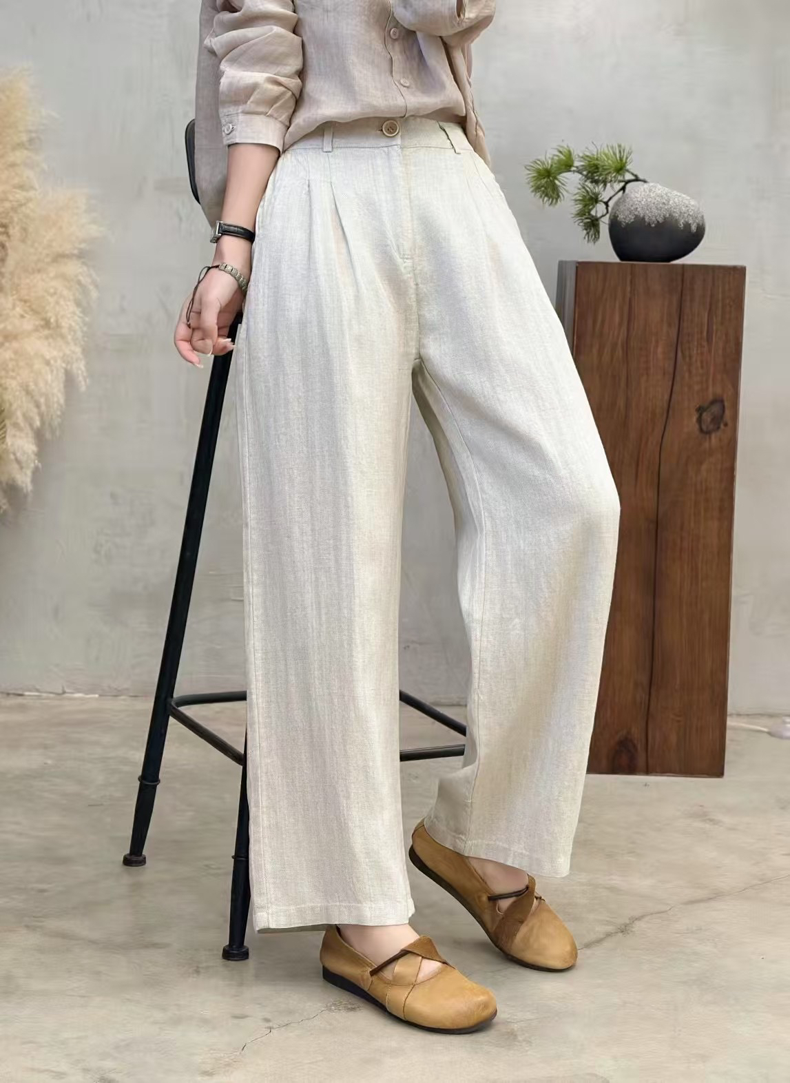 【瑜妹妹】春夏一粒扣半松紧腰天丝亚麻休闲裤百搭阔腿裤显瘦女裤