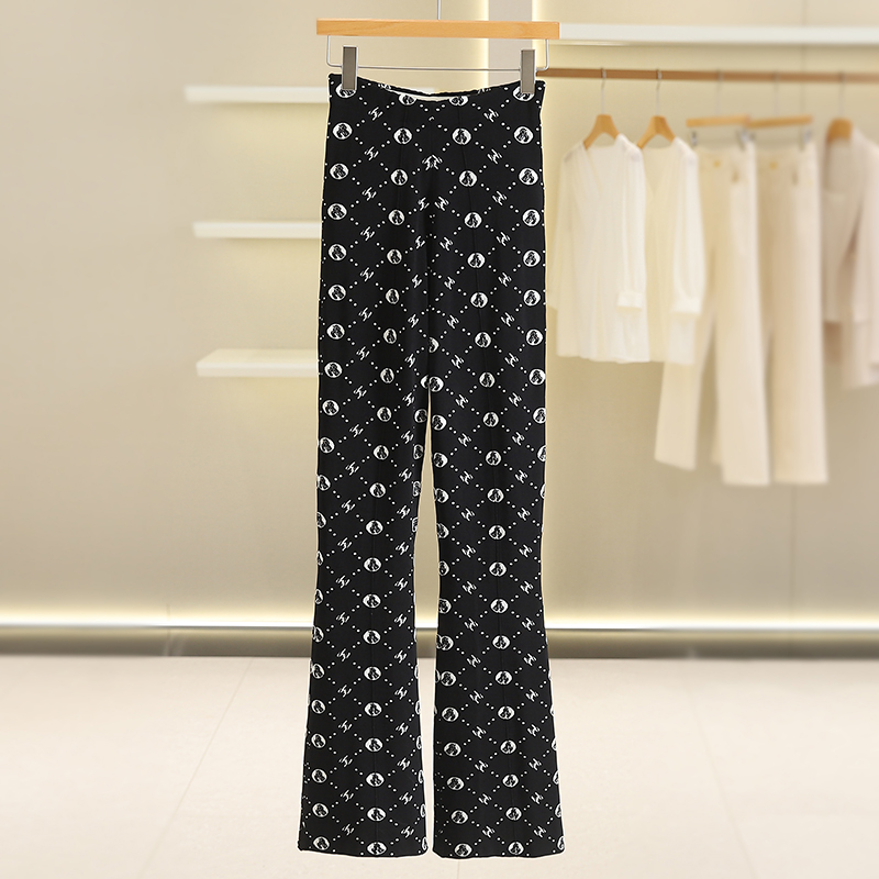 F3867-【瓯】松紧腰花色修身拖地休闲裤#VOS57K010