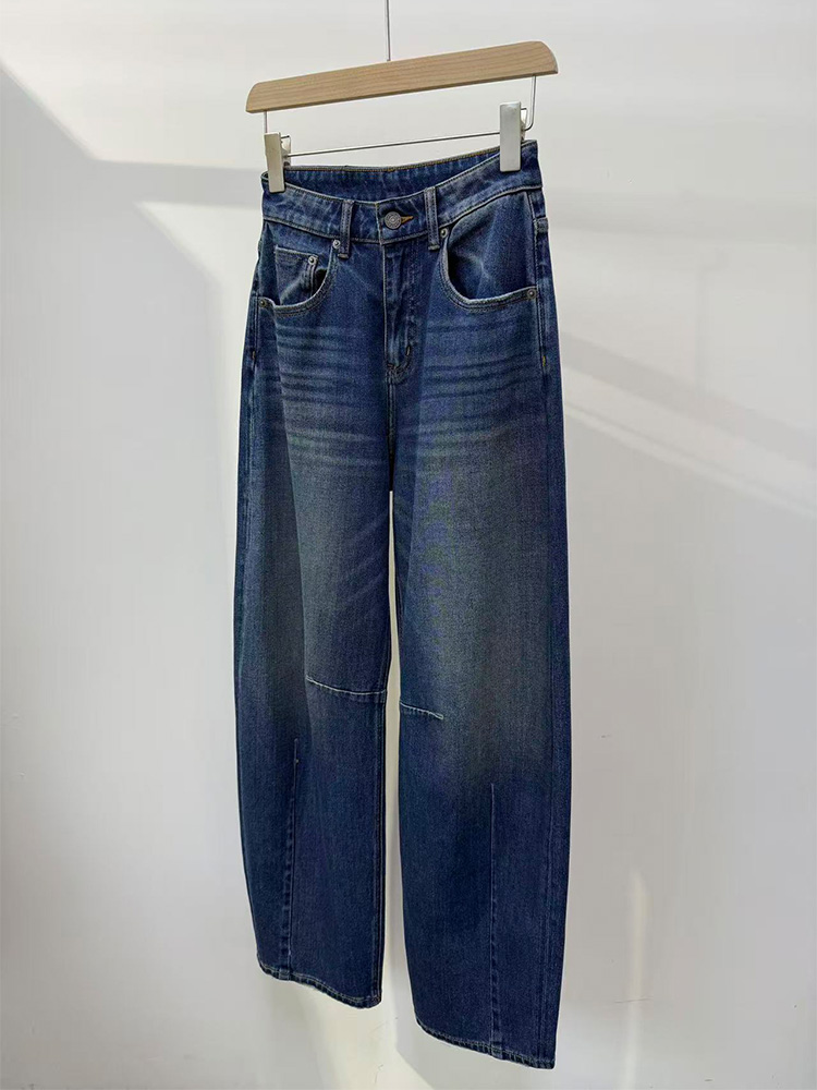 戎柠【RONGNING】高品质高腰收胯弯刀牛仔裤女复古百搭休闲气球裤