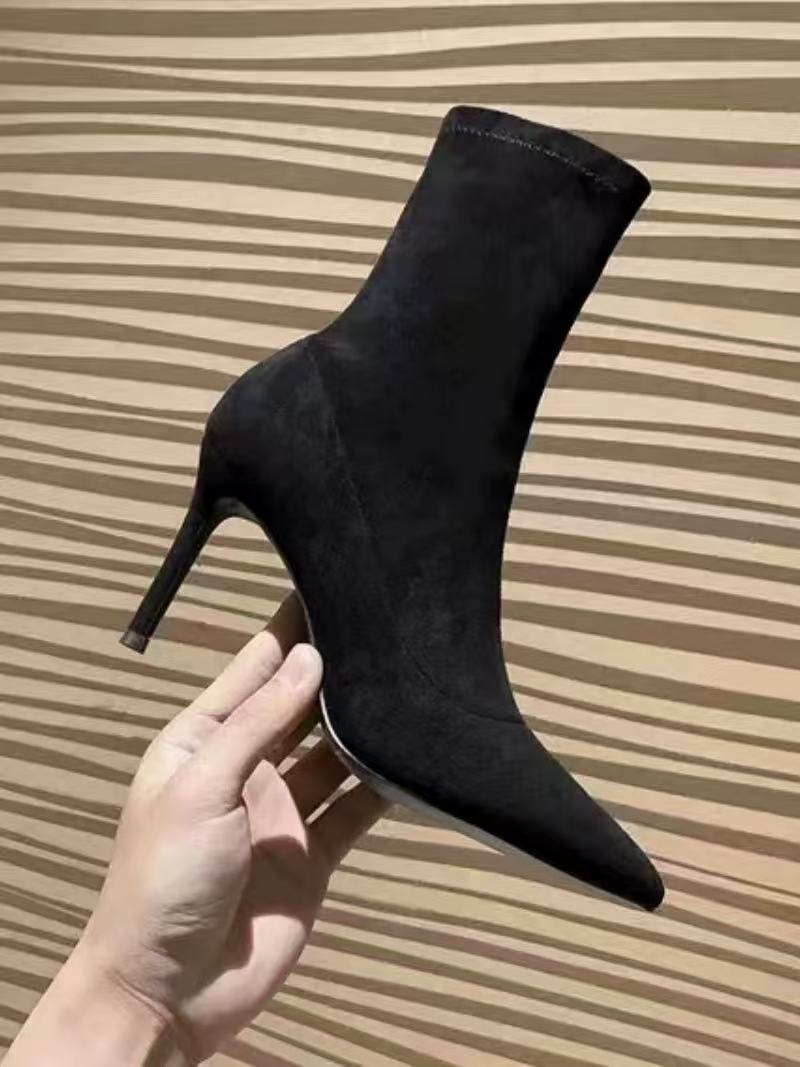 尖头轻职风透气高跟常规款袜靴黑色百搭显瘦女靴女鞋裸靴