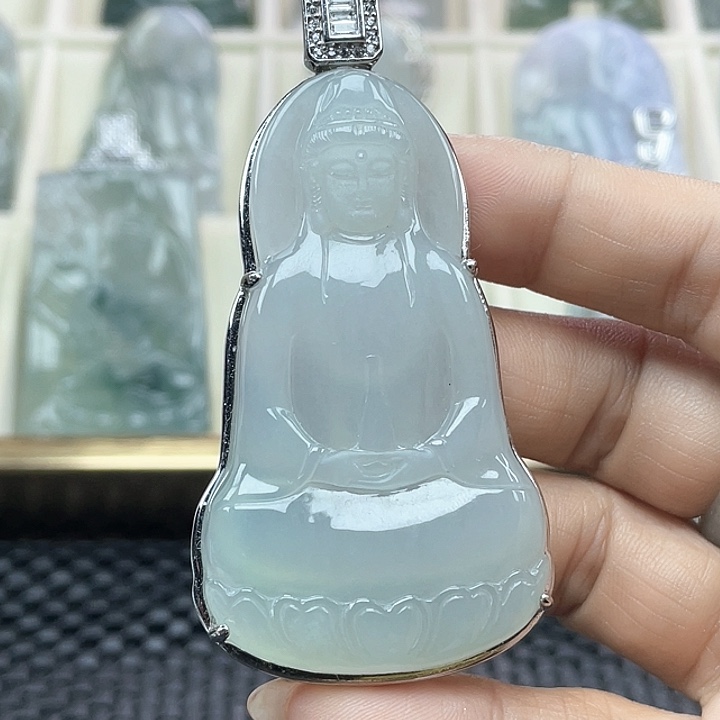 颈饰银S925镶嵌翡翠看****华天然缅甸翡翠A货观音