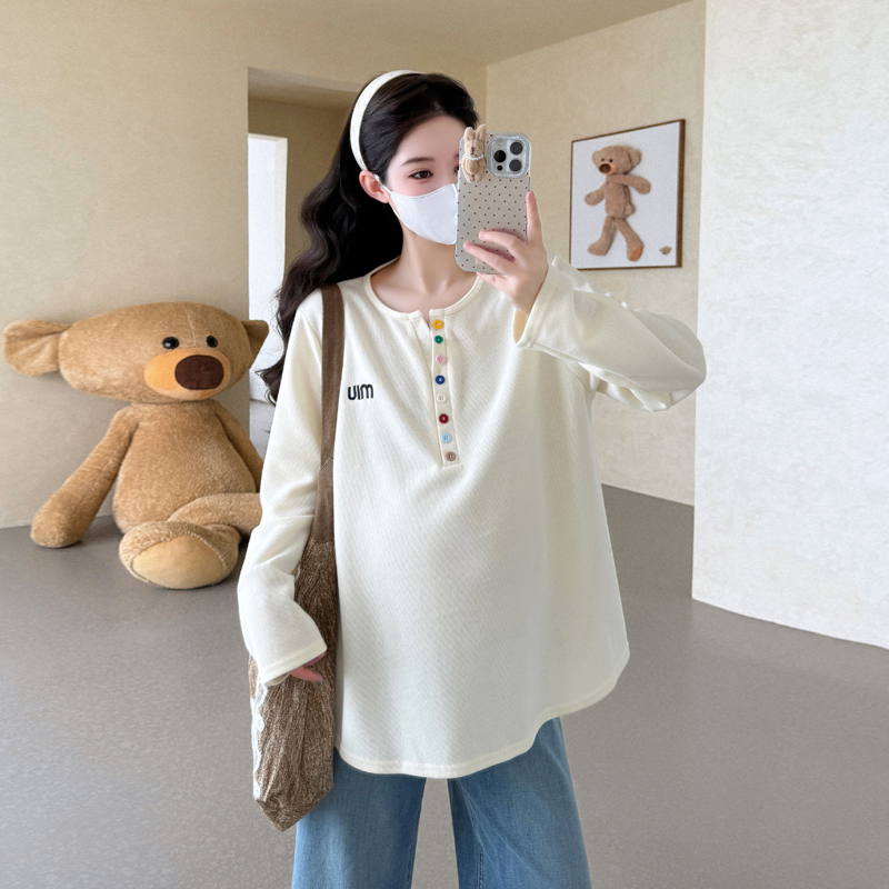 孕妇装2025新款秋季孕妇时尚V领刺绣宽松棉长袖T恤甜美百搭打底衫