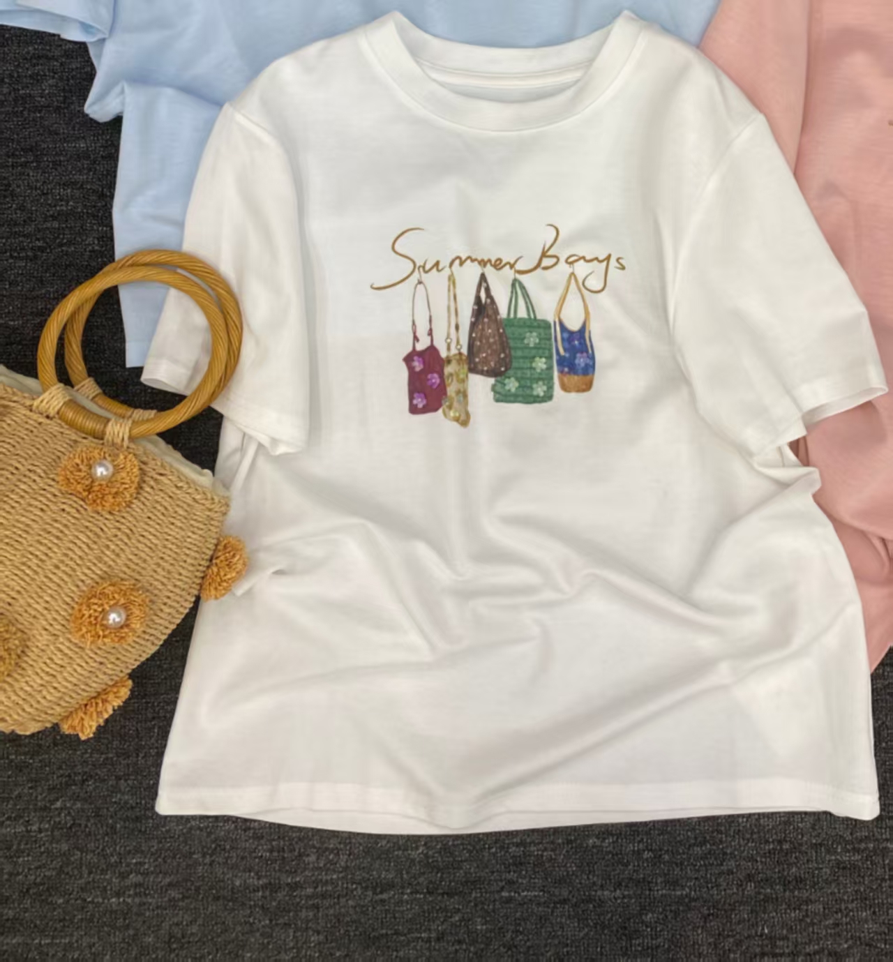 【济州岛】百搭时尚圆领彩色包包短袖