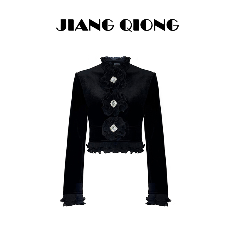 大钻扣饰压褶花边花朵饰短外套 16113844A