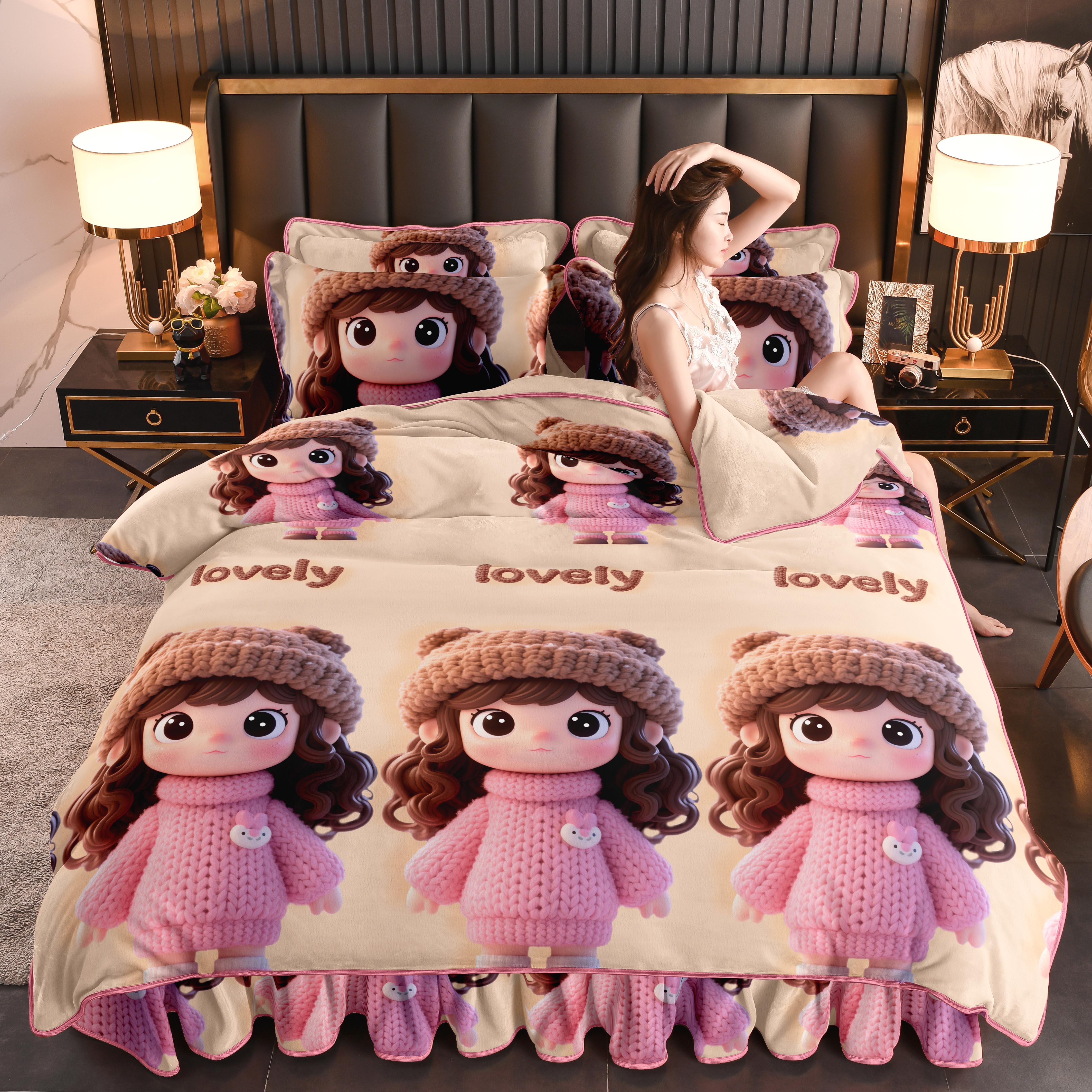 爱哩屋5D秋冬加厚床裙款卡通牛奶绒四件套保暖双面绒床单学生宿舍