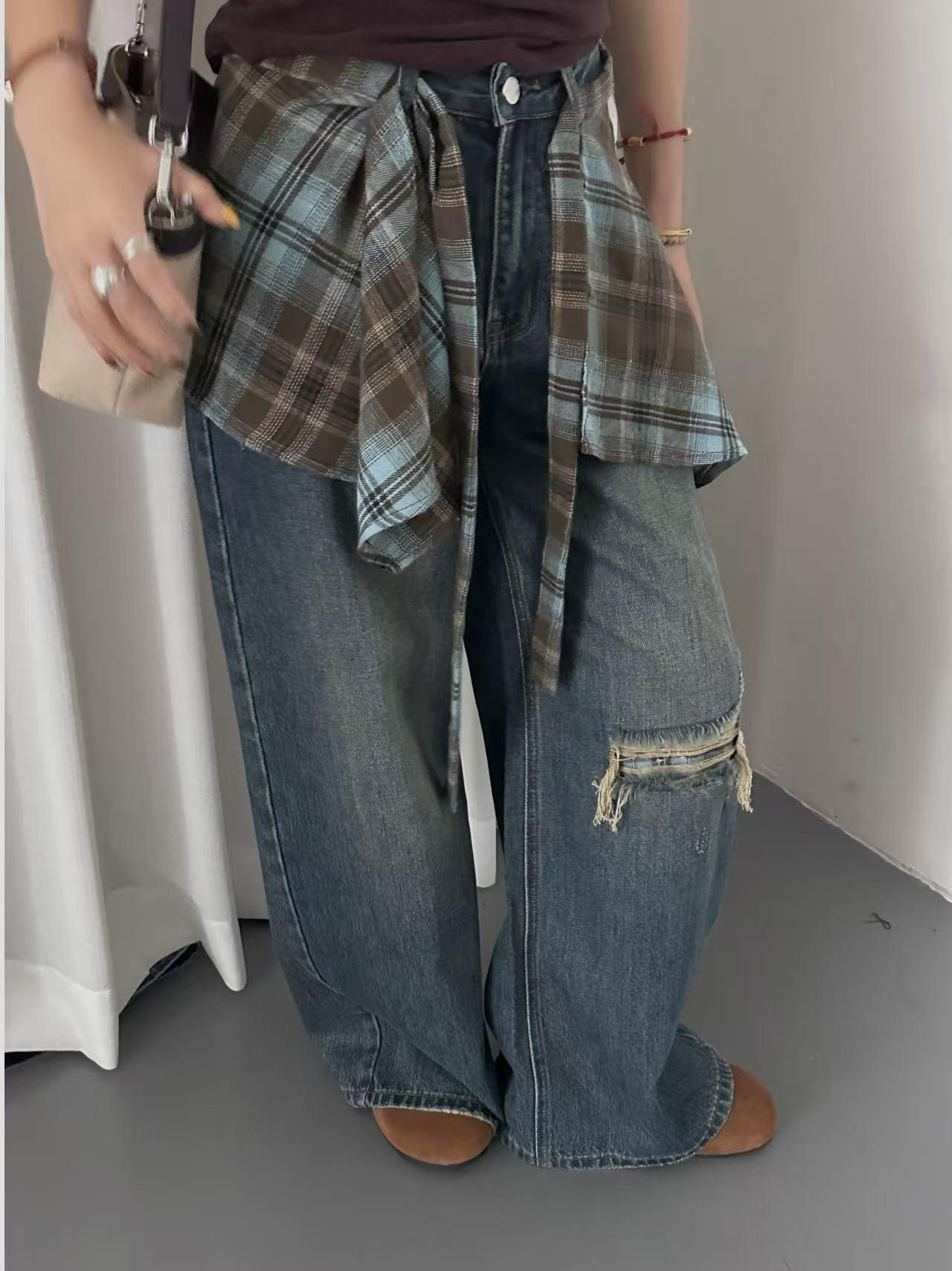 阔腿裤秋季格纹常规长裤牛仔裤休闲显瘦小个子