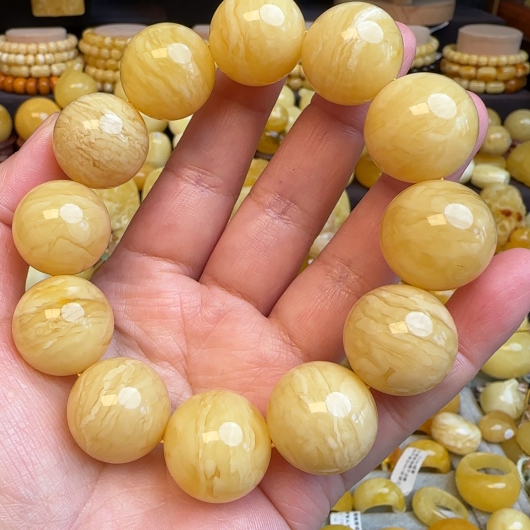 琥珀未镶嵌手串天然俄料虎皮妖花蜜蜡圆珠手串