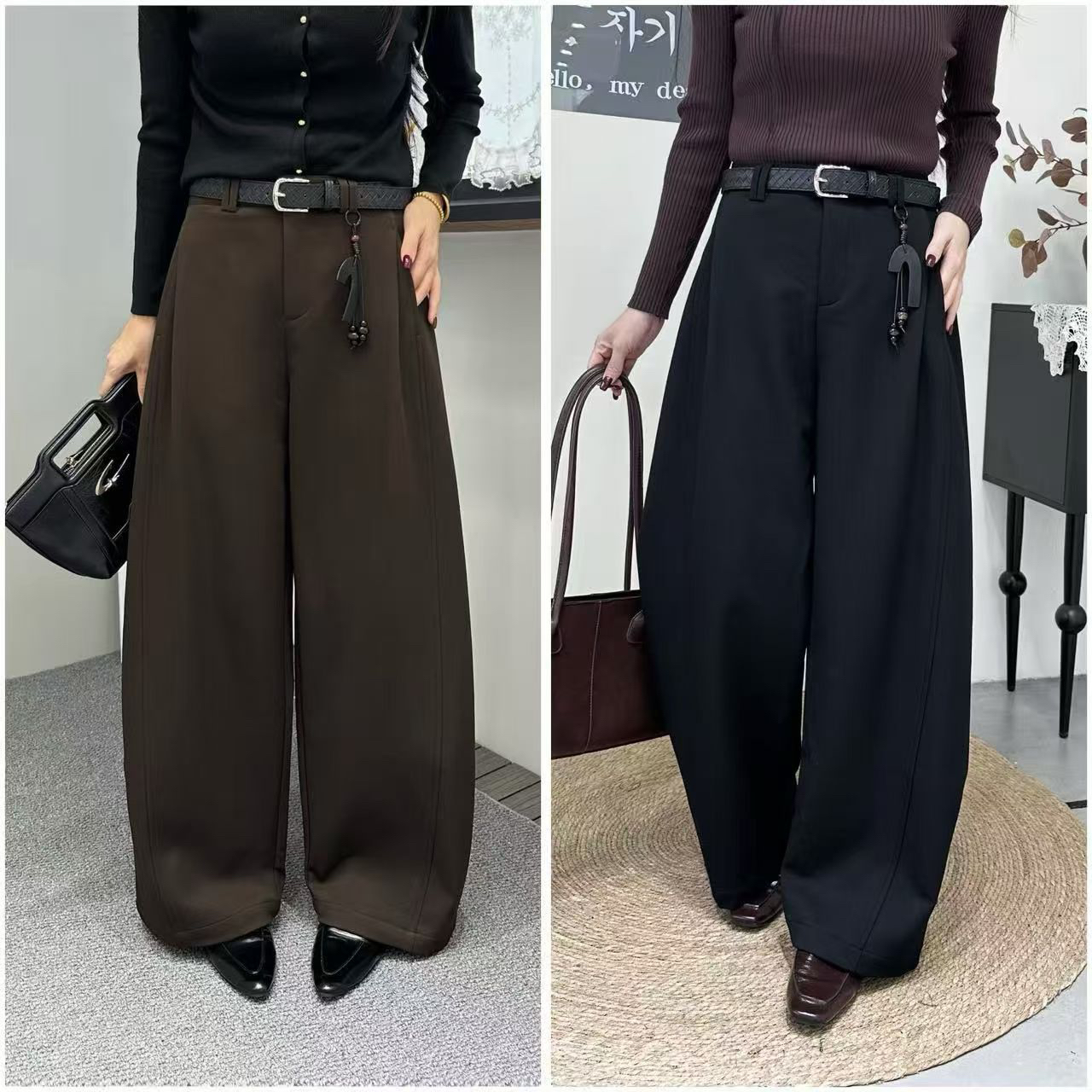 加厚加绒高腰垂感休闲显瘦百搭直筒弯刀阔腿女裤