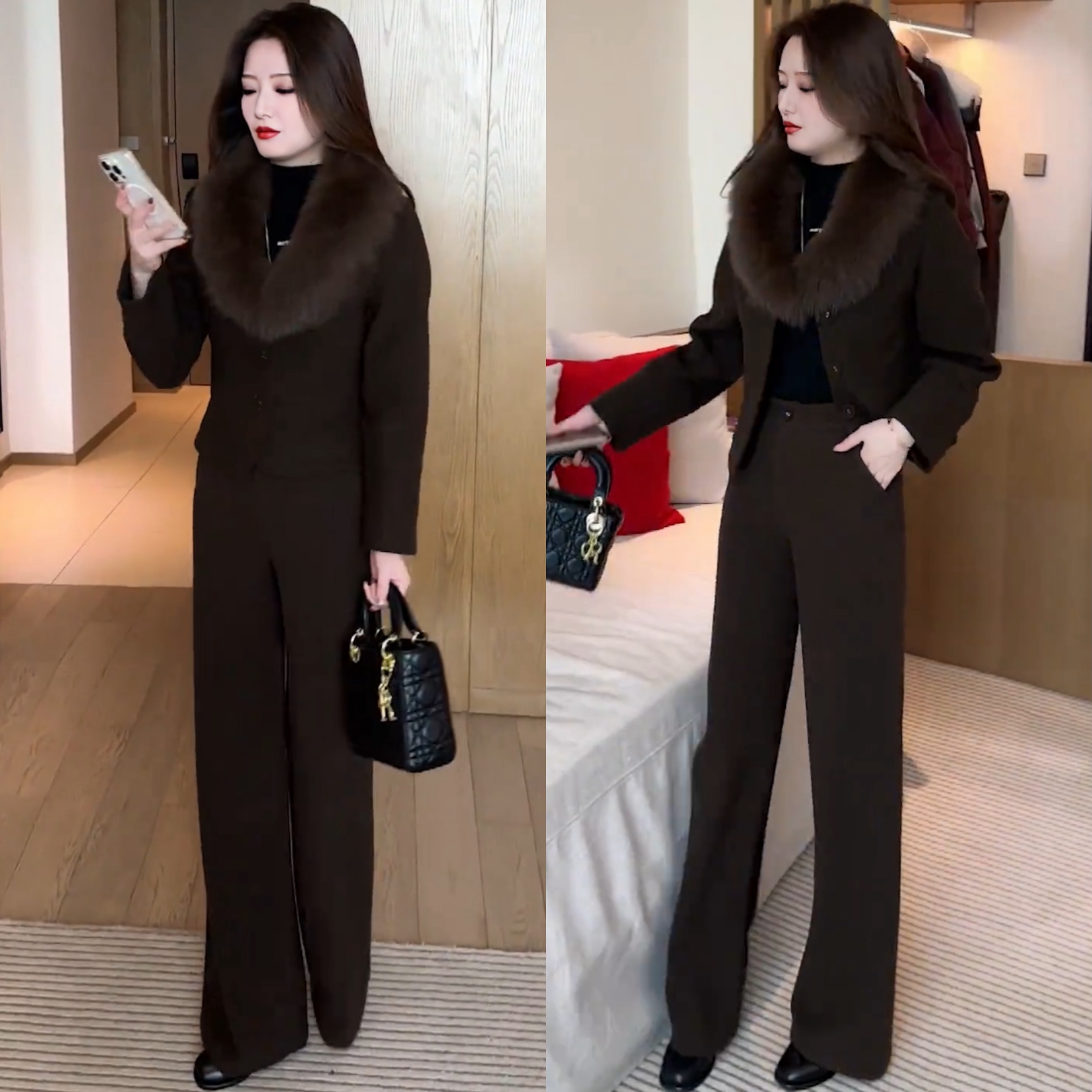2024秋冬夹棉新款纯色气质套装女显瘦洋气时尚毛领外套裤子两件套