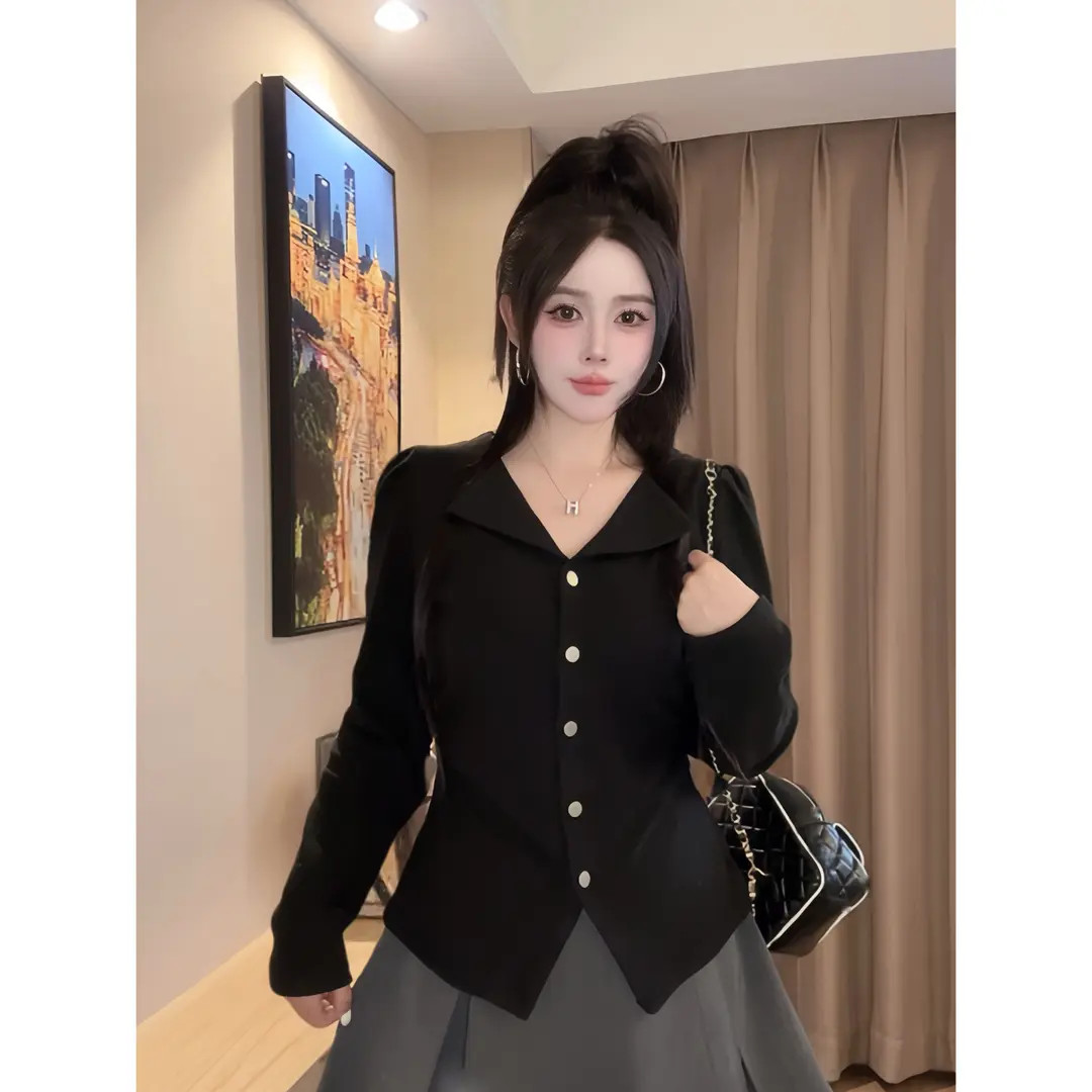 B107女装胖秋季新款设计感收腰翻领气质遮肚子修身显瘦上衣