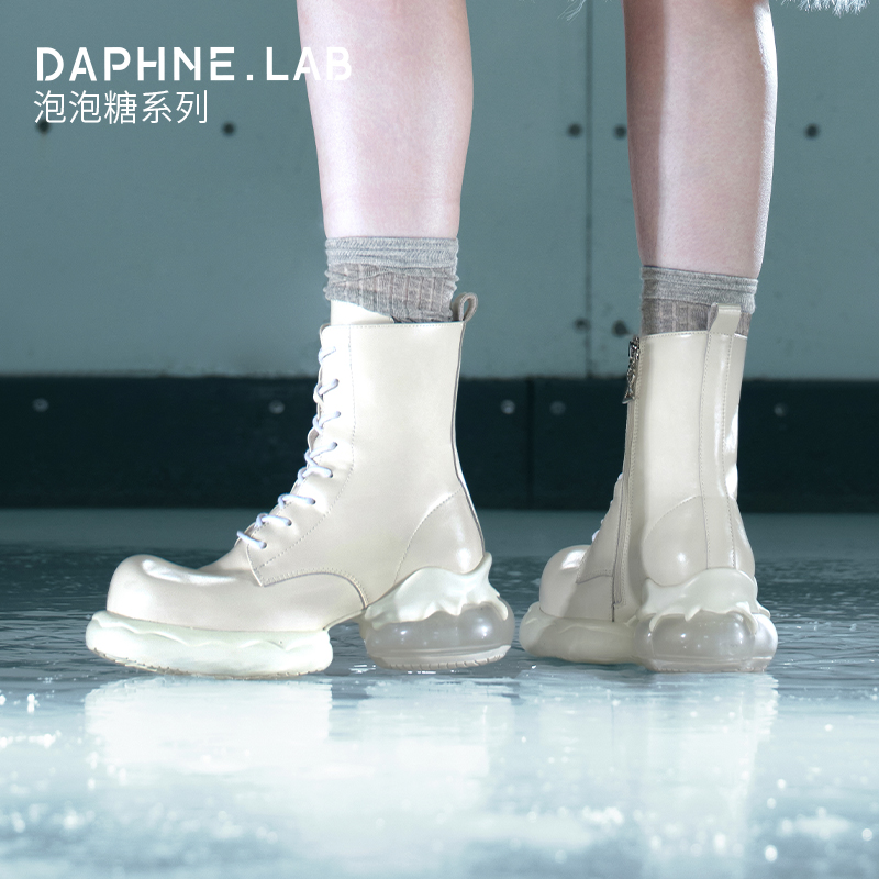 DAPHNE LAB达芙妮泡泡糖马丁靴2024冬大头复古俏皮厚底增高绑带靴
