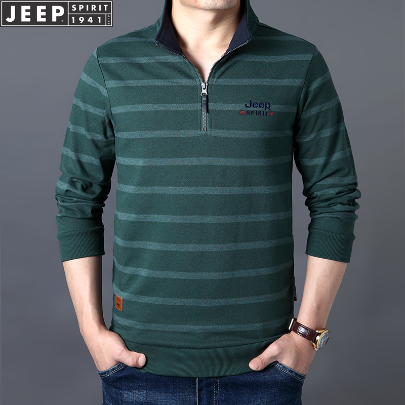 JEEPSPIRIT立领半拉链长袖T恤男士2025秋季休闲条纹翻领大码polo