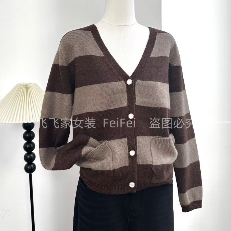 飞飞家1口袋美拉德！！品牌连锁订单~宽条纹#毛衣秋冬显白女T147咖