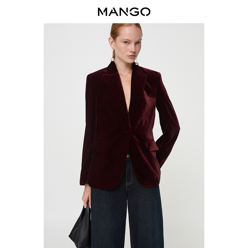 MANGO女装西装2025冬装新款时尚复古气质V领直筒天鹅绒西装外套