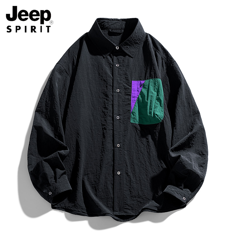 JEEP吉普美式大口袋撞色工装长袖衬衫男士秋季潮牌情侣款宽松衬衣