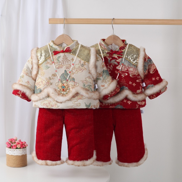 女童男童冬季加厚洋气百搭新中式国风拜年服套装