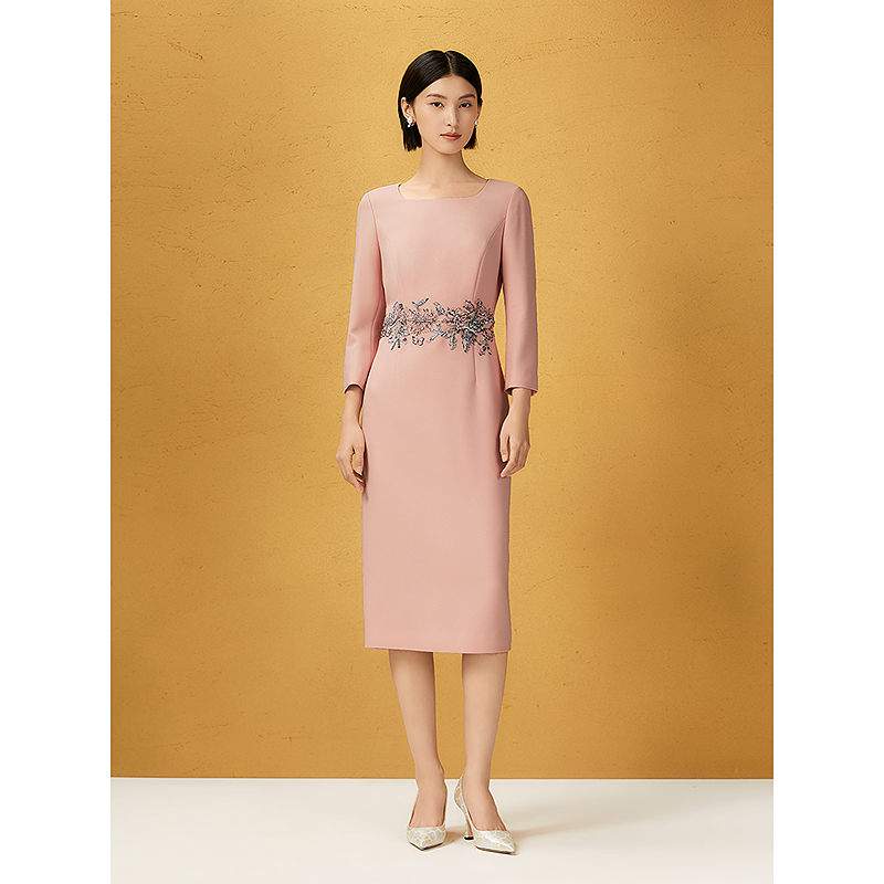 Song of Song歌中歌25新款陶粉三醋酸方领绣花连衣裙5C65305620