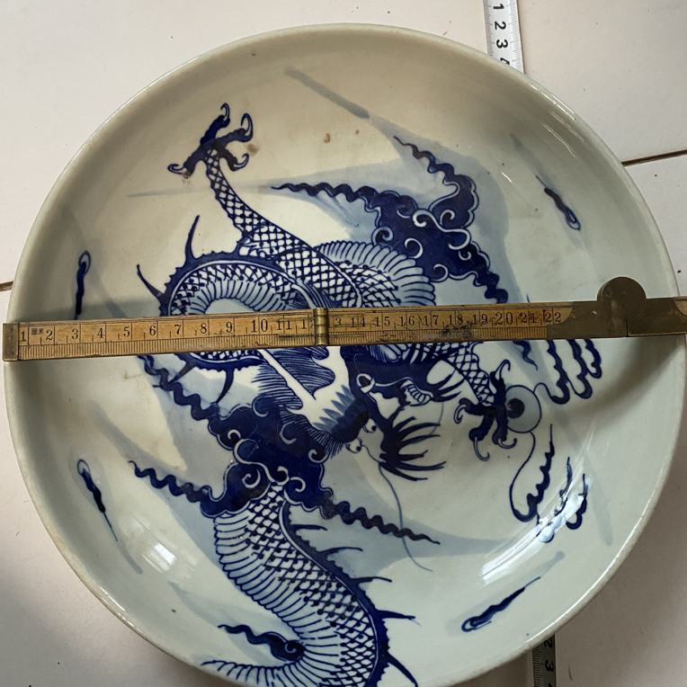 精品青花过墙龙纹大盘 纯手工柴窑 直径29CM完整