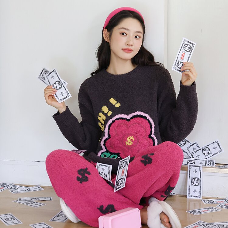 莫里伊【软绵绵粉色花】小众时尚设计可外穿保暖睡衣家居服